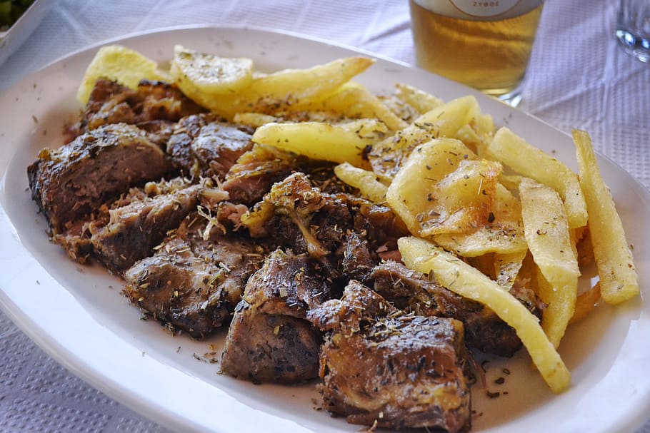 Meat And Chips, Plated Food, food photography, island food, tinos island dish, HD wallpaper
