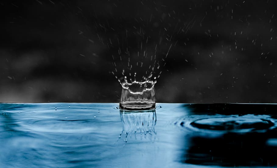 time lapse photography of water drop, raindrop, impact, blue