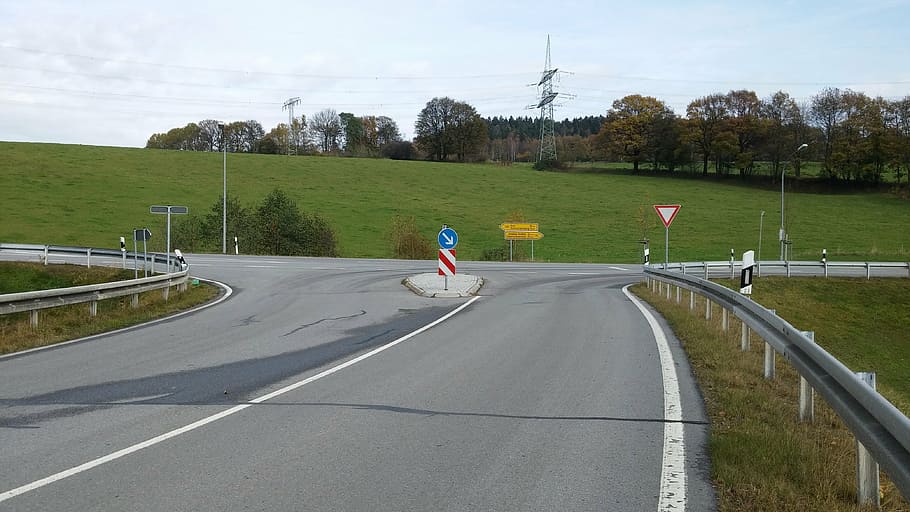 junction, traffic island, road, guard rail, b101, germany, one person