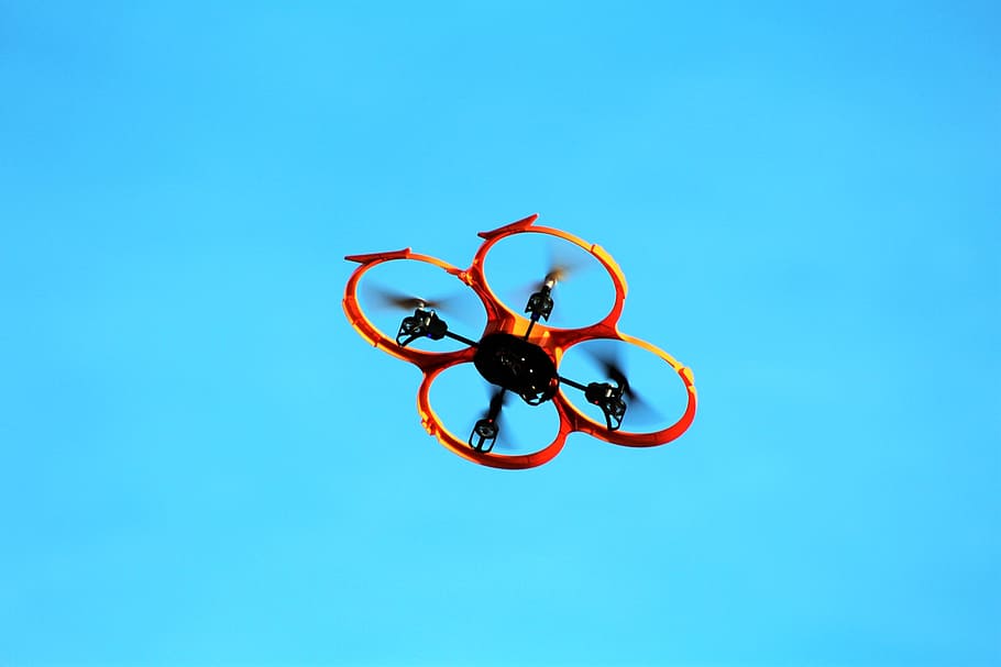 red quadcopter flying on sky, drone, flight, rotor, aircraft HD wallpaper
