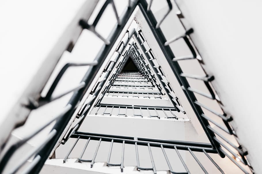 Triangulation, low-angle photo of triangular white concrete stairs HD wallpaper