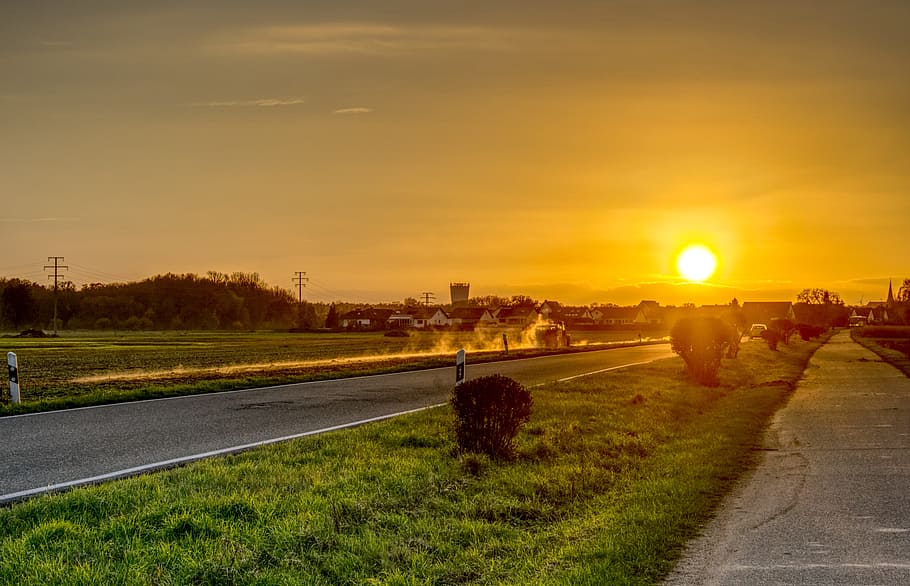 sun, sunset, evening, dusk, mood, abendstimmung, cycle path HD wallpaper