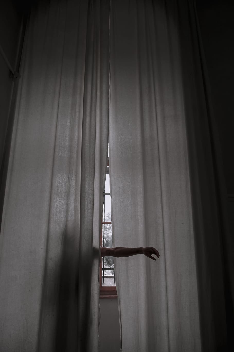 person standing beside the curtain and rising their arms, silhouette shadow HD wallpaper