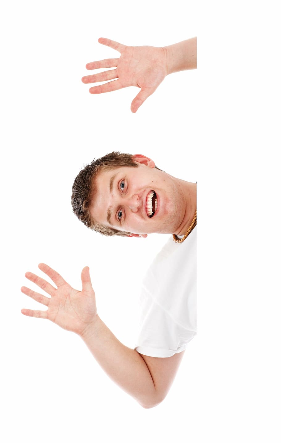man smiling while raising both hands, advert, advertisement, background