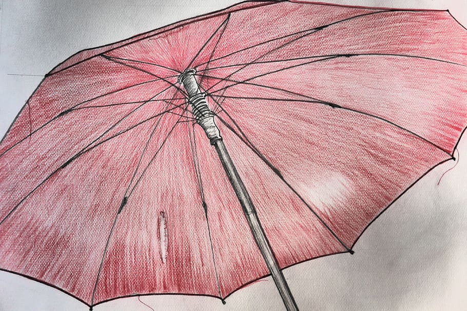 red and black umbrella drawing, screen, image, stretched, rain protection HD wallpaper