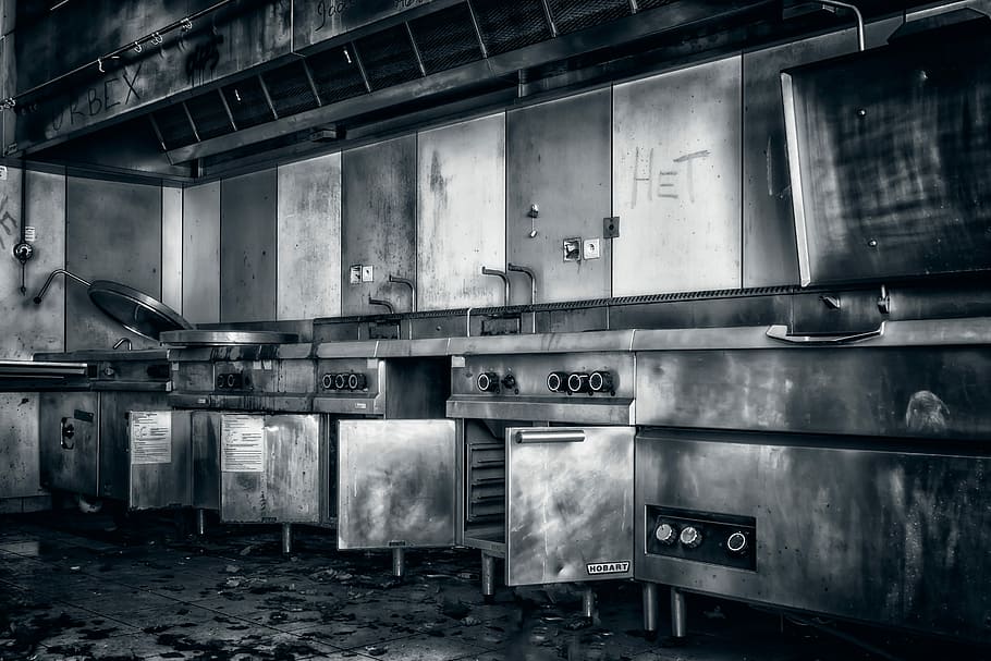 grayscale photography of cabinets, kitchen, cook, lost places HD wallpaper