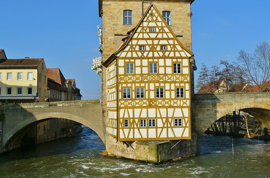 bamberg, town hall, city view, rottmeister cottage, fachwerkhaus, HD wallpaper