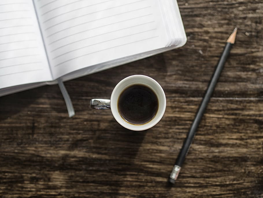 black pencil beside mug and notebook, coffee, coffee mug, offices HD wallpaper
