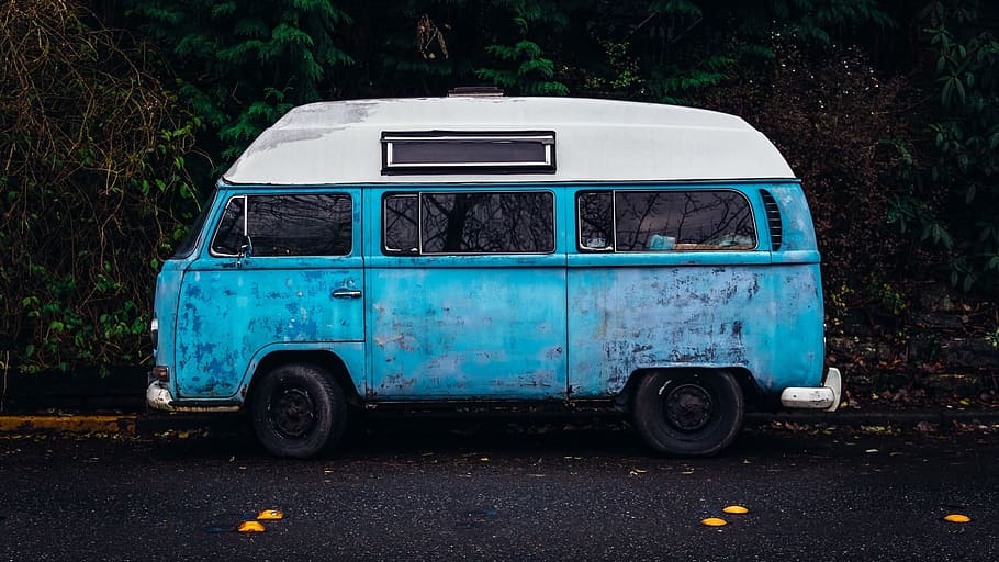 photography of vintage blue van on street, white, crew, concrete road