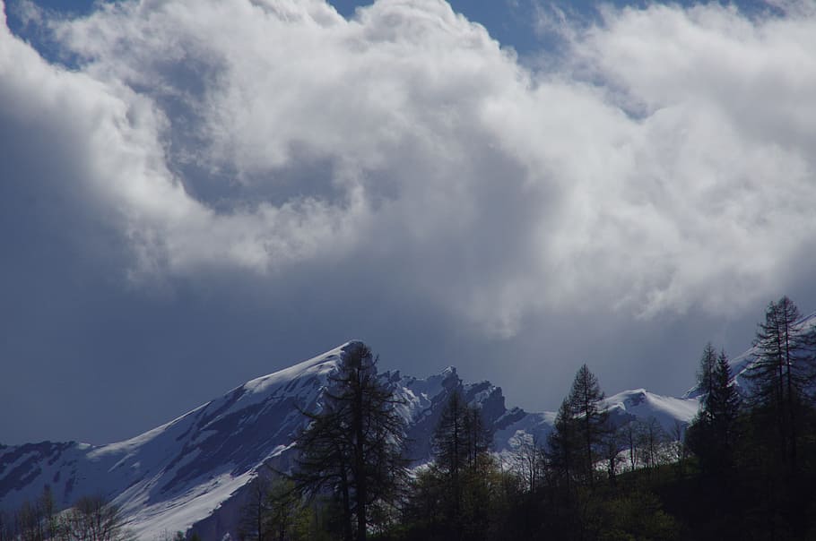 Mountains, Snow, Forward, Clouds, Sky, dramatic, tree, nature HD wallpaper