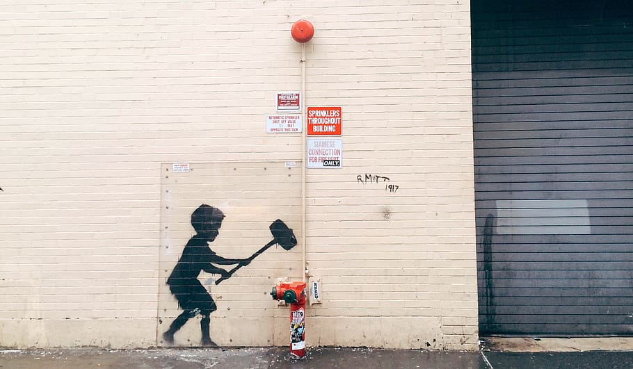 boy holding mallet signage at daytime, street art, urban, banksy, HD wallpaper