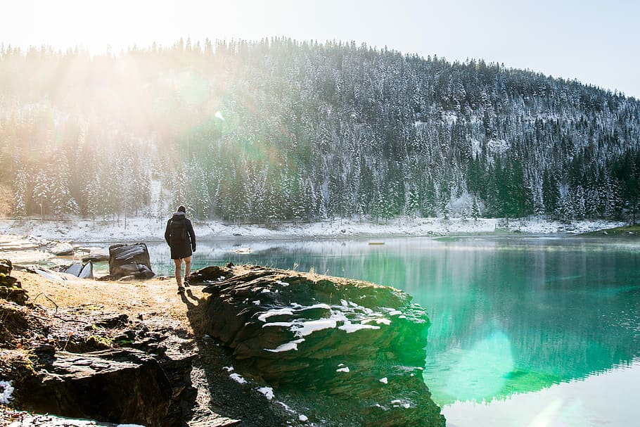 man standing in front of body of water near pine trees, person standing on rock formation near lake surround by mountains HD wallpaper