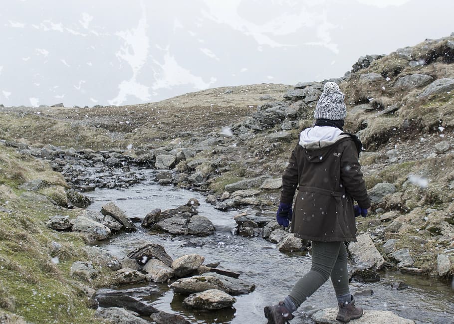 person, river, rocks, stream, water, real people, winter, leisure activity HD wallpaper