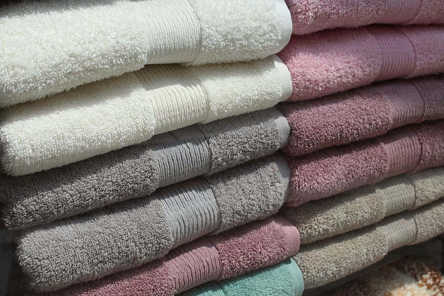 assorted towel lot, towels, linen, house, bathroom, dry, stack, HD wallpaper