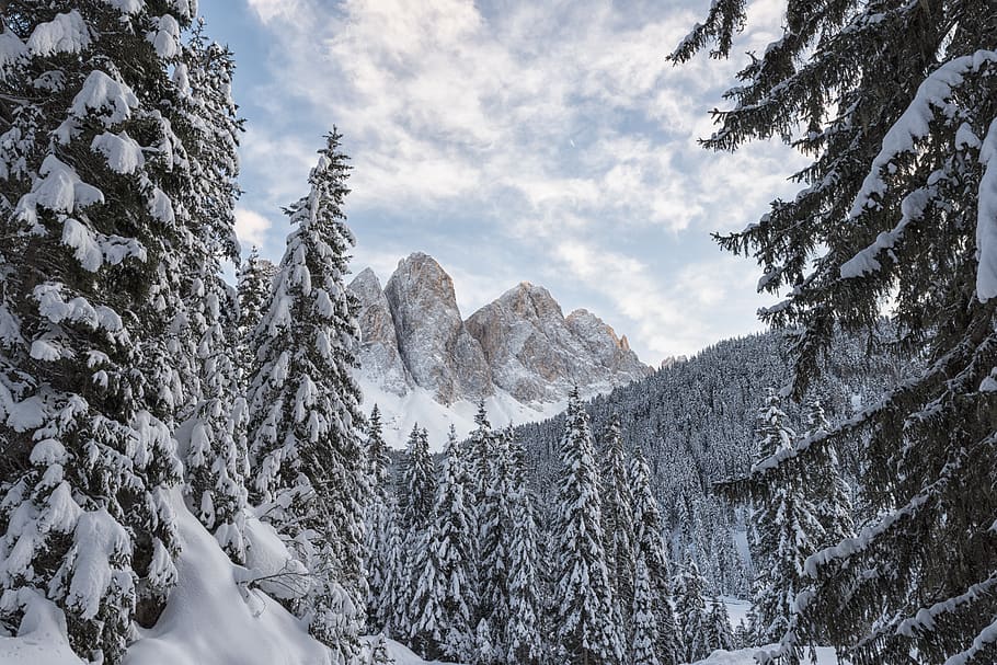 italy, south tyrol, dolomites, val di funes, odle, winter, hiking