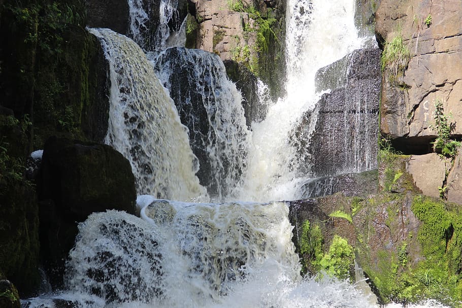 waterfall, mountains, nature, motion, flowing water, rock, scenics - nature HD wallpaper