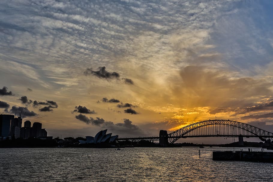 silhouette photo of bridge above water at golden hour, Australia, HD wallpaper