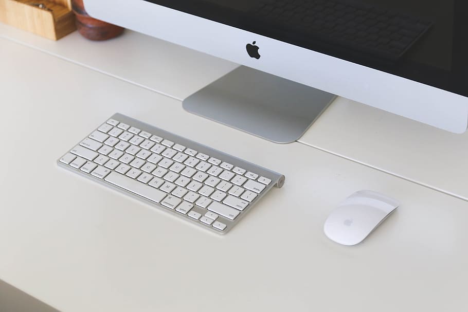 apple, desk, office, computer, imac, keyboard, work space, workplace HD wallpaper