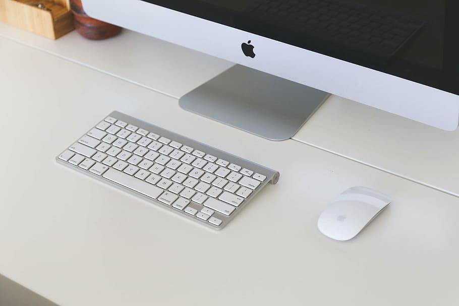 Magic Keyboard and Magic Mouse on white surface, imac, computer HD wallpaper