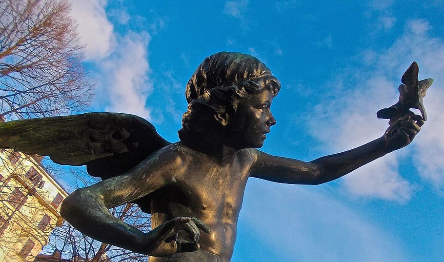 Angel, Contemplation, Wings, Cherub, blue sky, statue, sculpture HD wallpaper