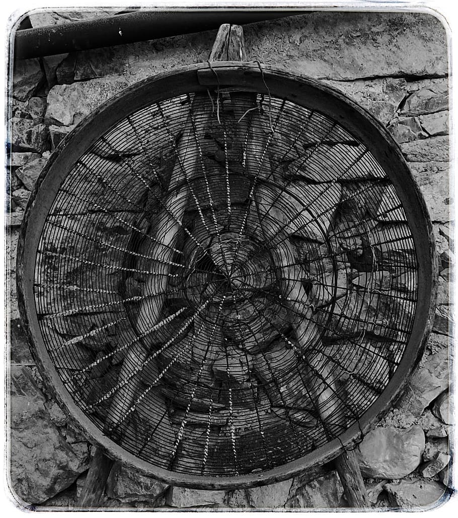 sieve, old, implement, rural, black And White, antique, obsolete HD wallpaper