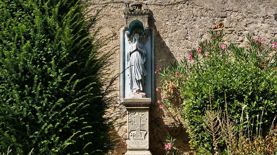 statue, mary, religion, prayer, rennes-le-chateau, plant, architecture HD wallpaper