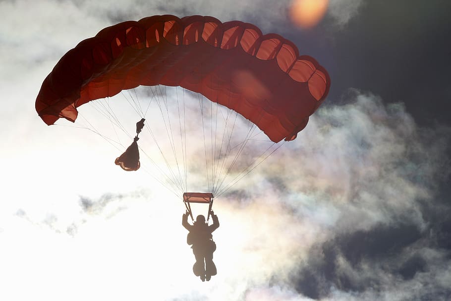 silhouette of man using parachute, person, paragliding, mid HD wallpaper