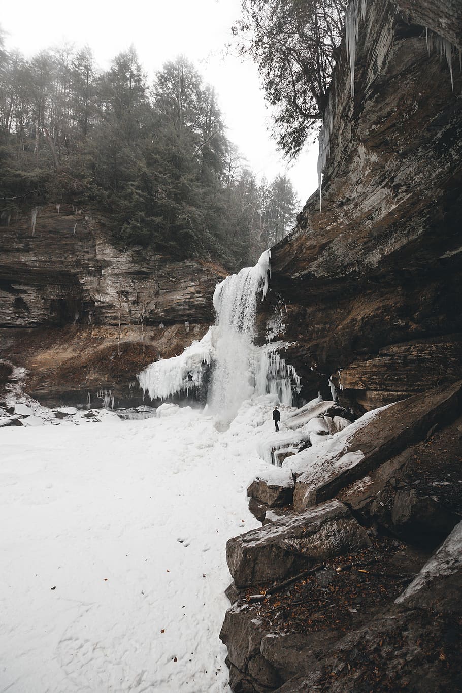 waterfalls between cliffs, iced falls at daytime, snow, winter HD wallpaper