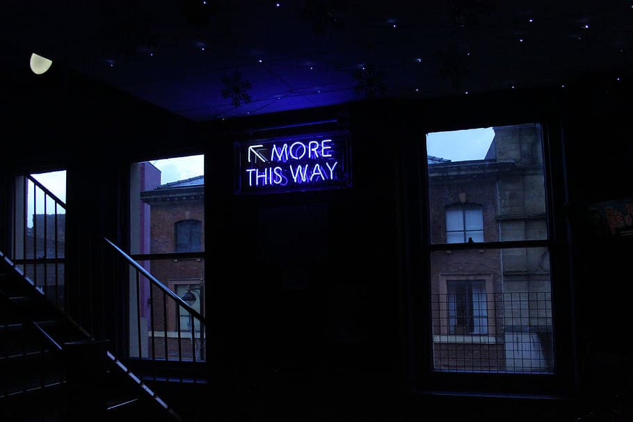 turned on more this way signage, untitled, staircase, building HD wallpaper
