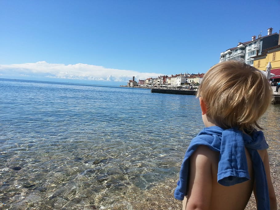 Sea, Child, Relax, children only, childhood, rear view, blond hair HD wallpaper