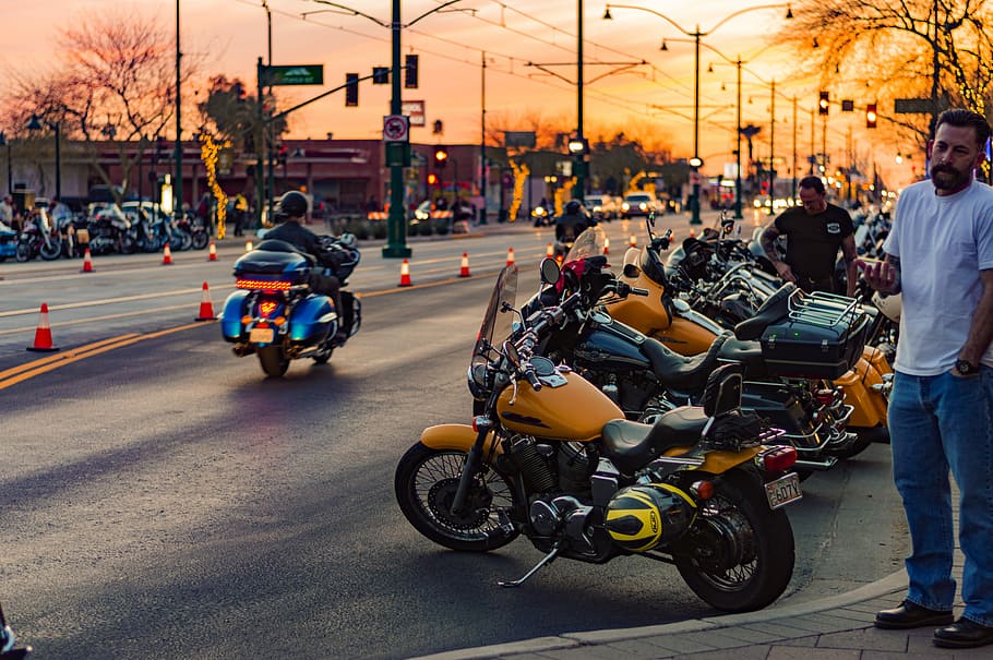 person near cruiser motorcycle, motorcycle lot on roadside, motorbike, HD wallpaper
