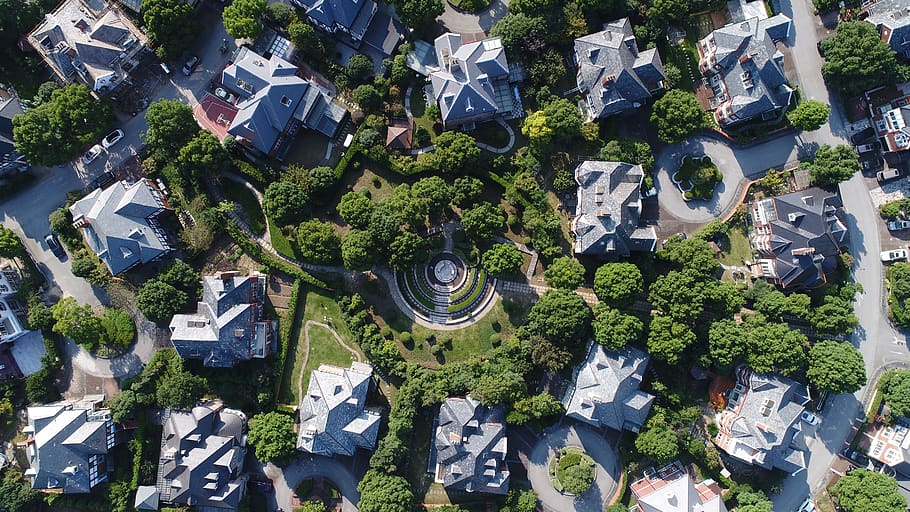 aerial, small town, high angle view, building exterior, built structure HD wallpaper