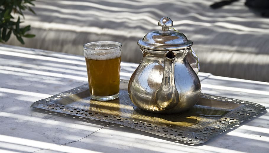 silver teapot beside glass cup filled on silver tray, Mint Tea HD wallpaper