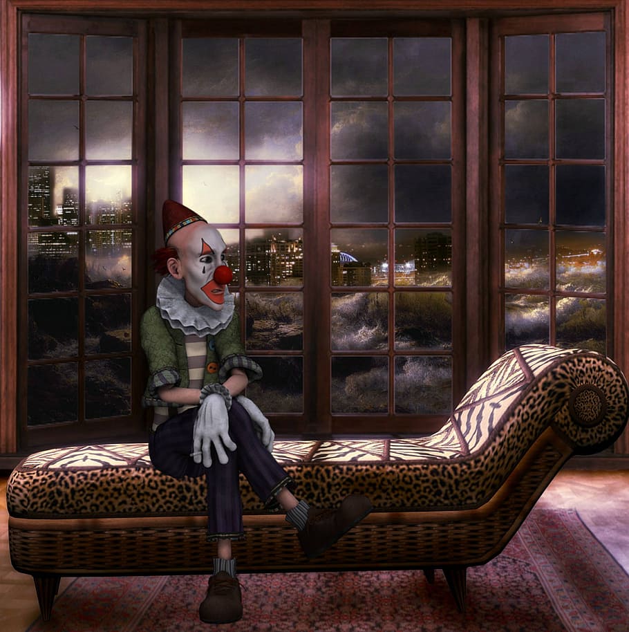 clown sitting on fainting lounge artwork, Assembly, Futuristic, HD wallpaper