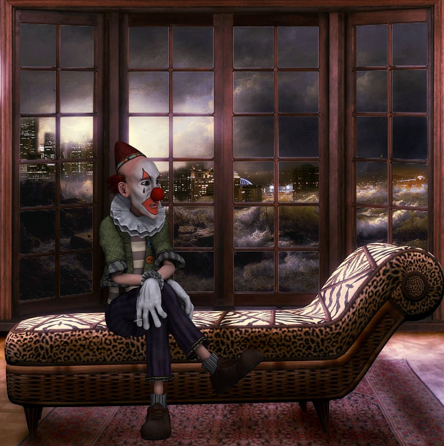 clown sitting on fainting lounge artwork, Assembly, Futuristic HD wallpaper
