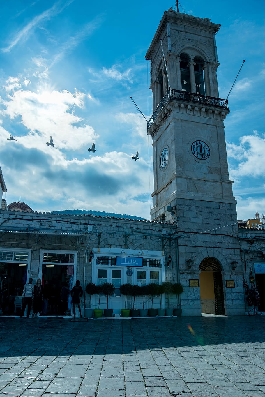 bird, contrast, clock tower, shadow, blue sky, pattern, bright HD wallpaper