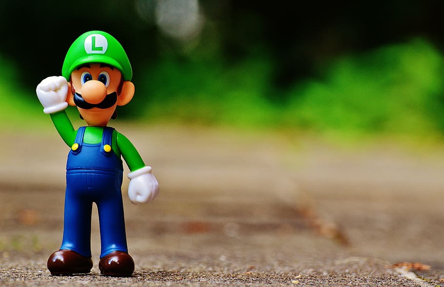 Luigi action figure selective focal photo, play, nintendo, super