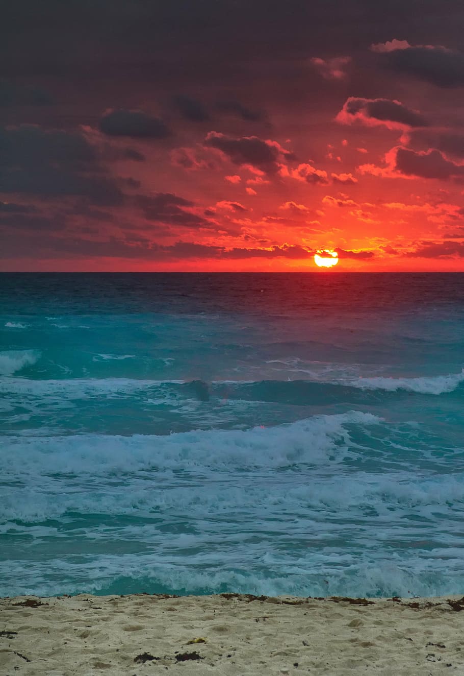 sunset over the horizon, beach, sea, sand, ocean, sky, travel, HD wallpaper