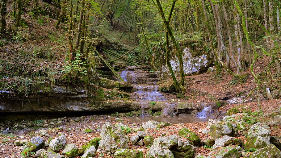 waterfall, forest, torrent, stream, rock, mountain, nature HD wallpaper