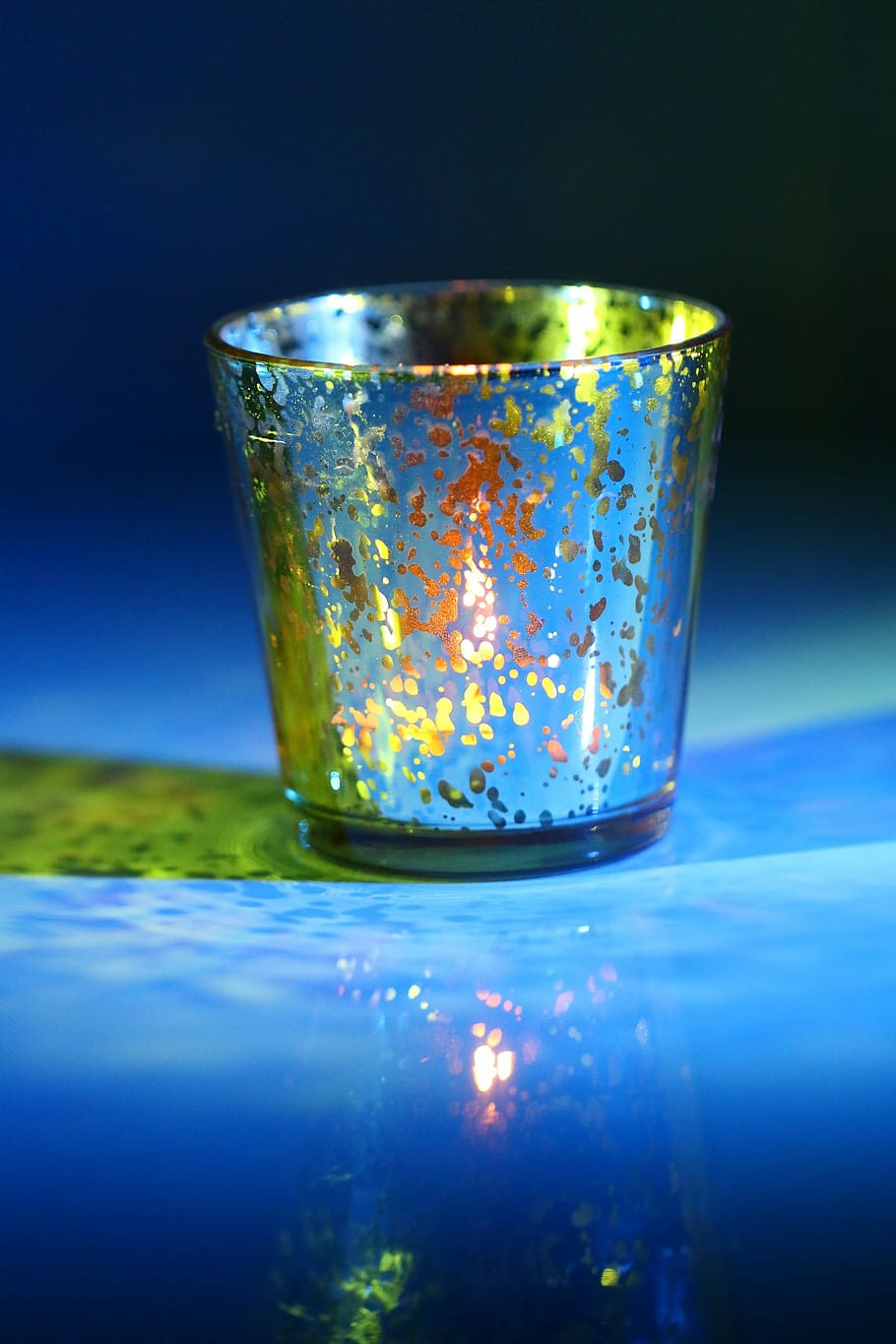 glass, color, light, light effects, candle, scene, blue, close-up HD wallpaper