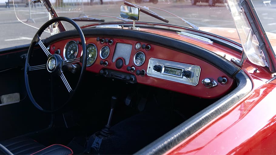 old car, dashboard, triumph, interior, red, mode of transportation HD wallpaper