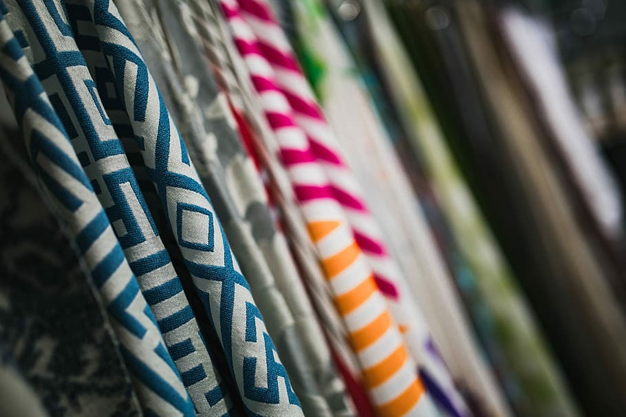 Collection of design fabrics on hangers, material, cloth, clothing, HD wallpaper