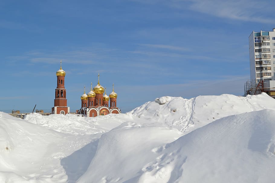 snow, sky, temple, built structure, building exterior, cold temperature HD wallpaper