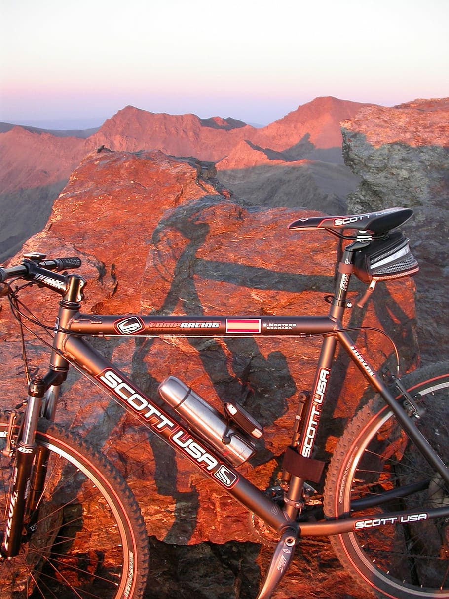 Mountain, Granada, Bicycle, red, mountain range, rock - object HD wallpaper