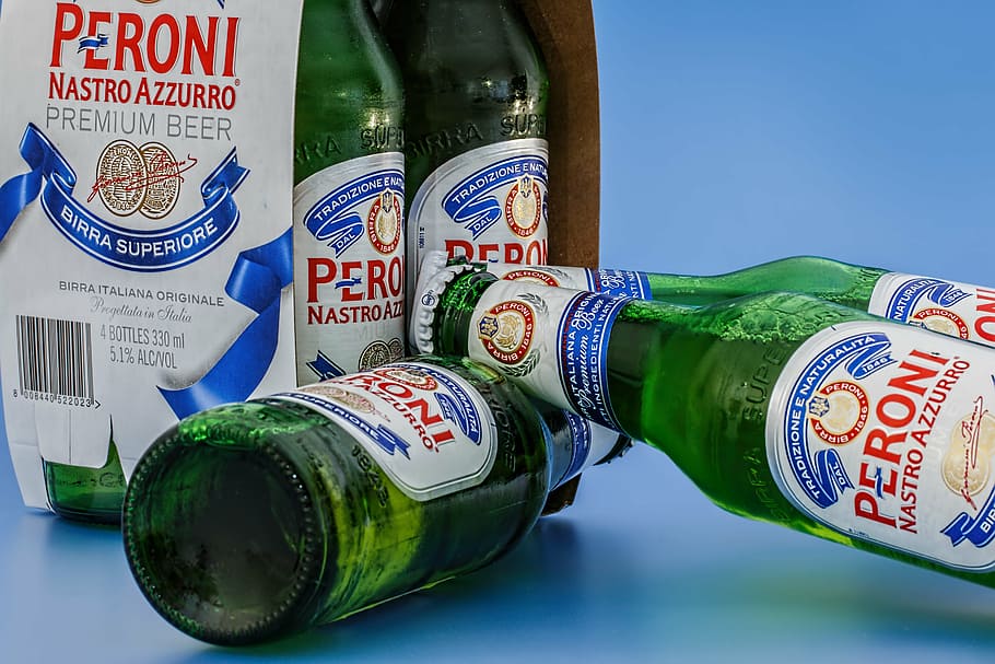 Peroni Nastro Azzurro premium beer bottle, cold beer, drink, alcohol