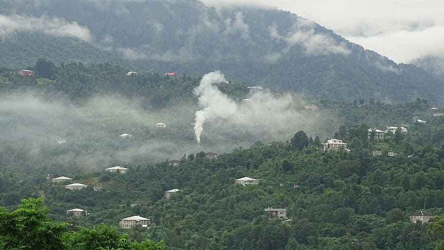 clouds, fog, house, nature, mountain, plant, environment, tree HD wallpaper
