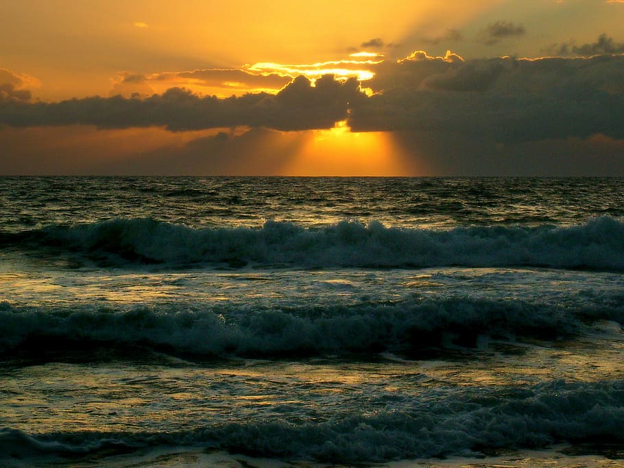 rays, sol, waves, mar, sea, water, sky, sunset, horizon over water HD wallpaper