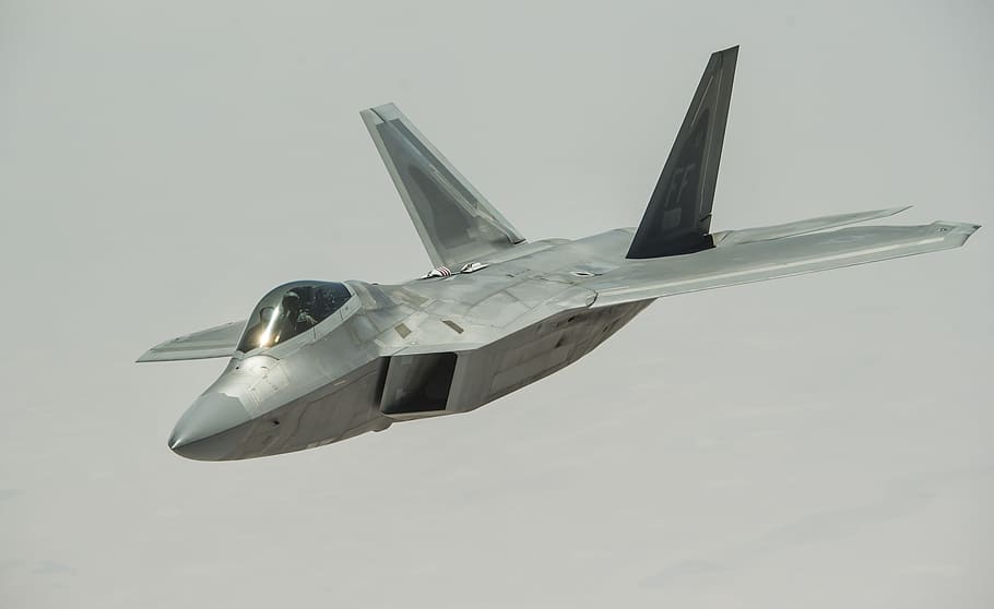 gray fighter plane, f-22 raptor, stealth, aircraft, jet, aviation