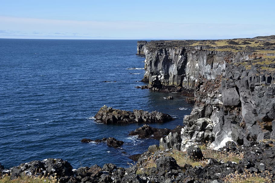 Cliffs, öndverðarnes, volcanic rock, sea, snæfellsnes peninsula HD wallpaper