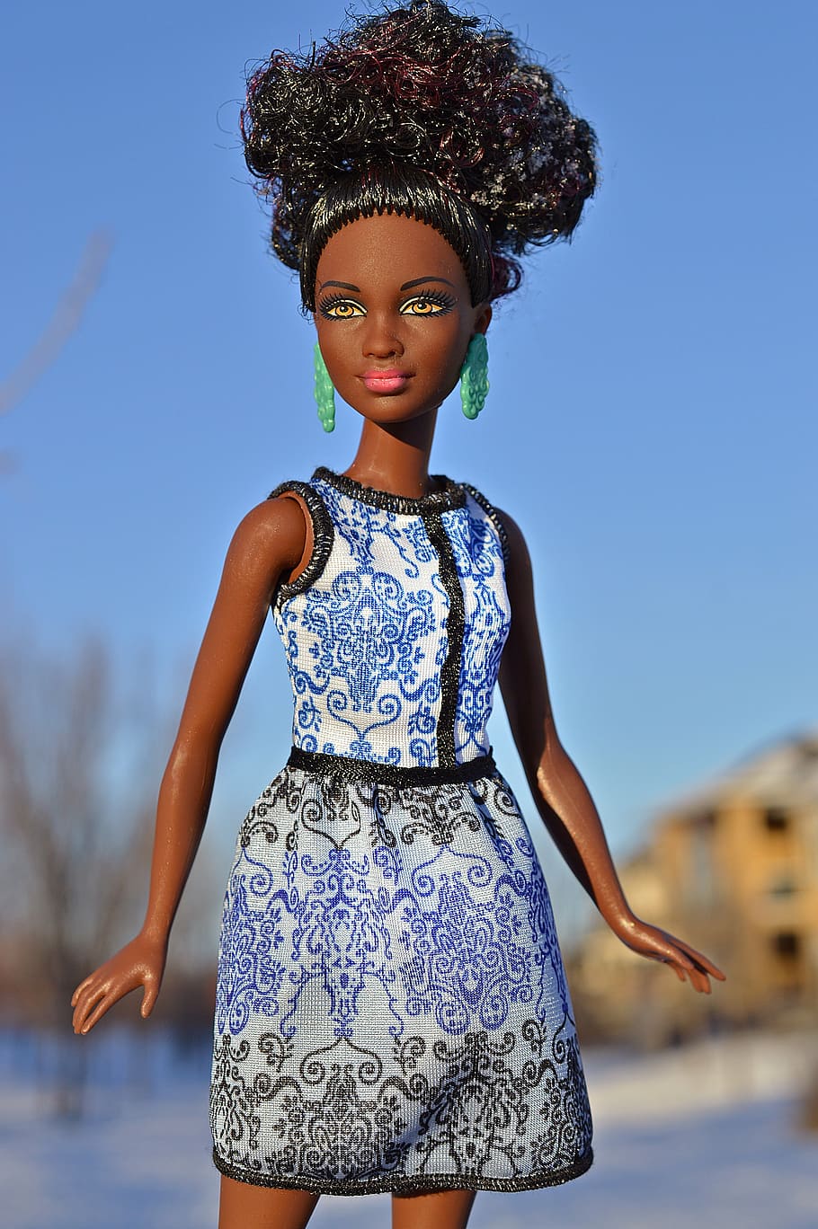 blue and white dressed doll, black, african-american, model, barbie